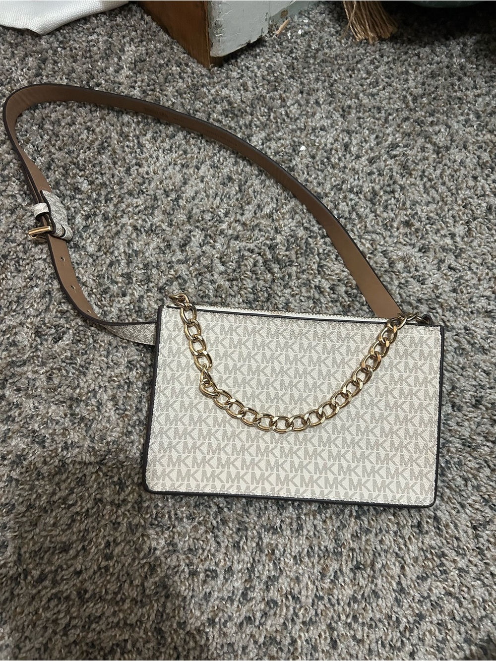 Michael Kors Cream Logo Crossbody with Gold Chain and Brown Strap
